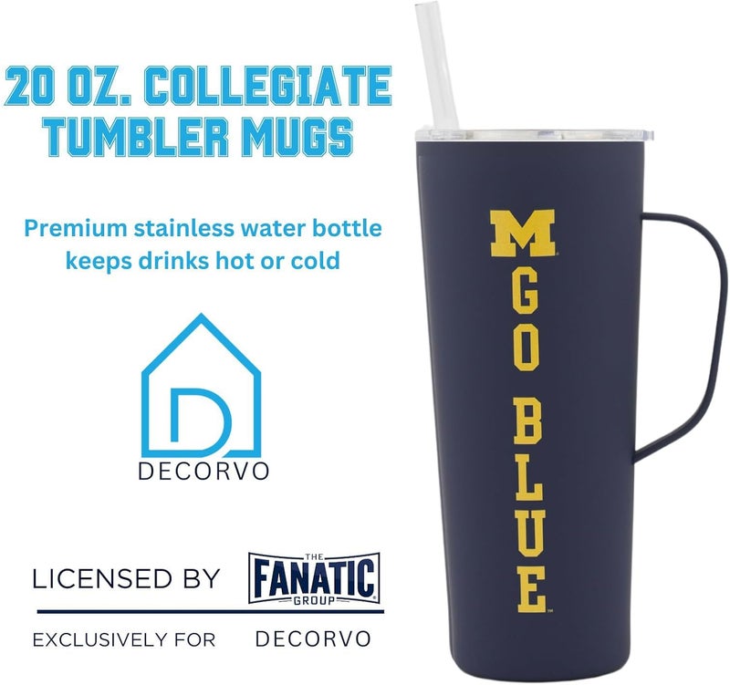 Decorvo NCAA 20 oz. Stainless Steel Tumbler with Handle - Officially Licensed Double Walled Insulated Roadie with Slide Lid and Straw (Michigan - Navy) - Image 2